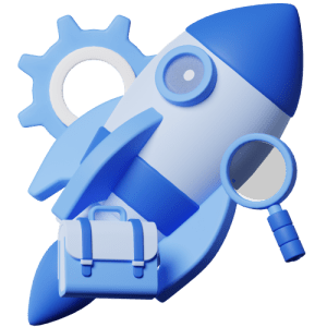 Startup 3D blue rocket with briefcase, gear, and magnifying glass symbols.
