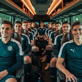 Soccer team in matching uniforms sitting on a bus.