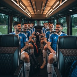 Soccer team in blue jerseys sitting and smiling inside a bus.