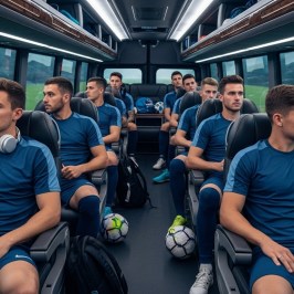 Soccer team in blue uniforms sitting inside a bus, traveling with gear and a ball.