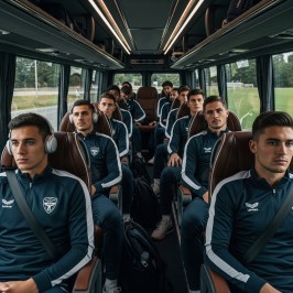 Soccer team in matching tracksuits seated on a bus, some wearing headphones.