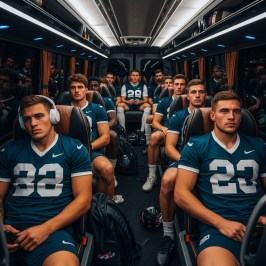 Football team in jerseys sitting on a bus, some wearing headphones and holding bags.