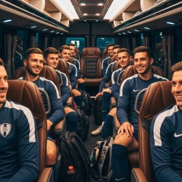Soccer team in blue jerseys smiling and sitting on a bus.